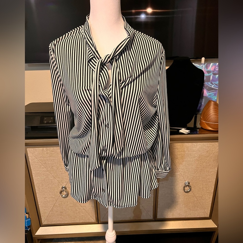 Ann Taylor gathered waist blouse with tie neck